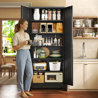 75" Metal Pantry Cabinet,Kitchen Storage Cabinet with Shelves - color: Black, size: 75"H-Louvered