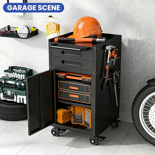 Metal Mobile Tool Storage Cabinet with 1 Locking Door and 2 Drawer - color: Black, style: 2 drawers 1 door with wheels
