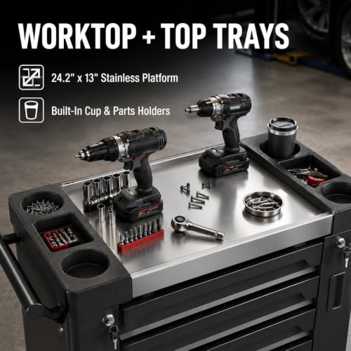 7-Drawer Rolling Tool Chest, Tool Box Lockable Metal Tool Cabinet with Side Storage Cabinet, Ball Bearing Slides Steel Organizer,Heavy-Duty Powder-Coated Tool Cart for Garage Workshope, Black