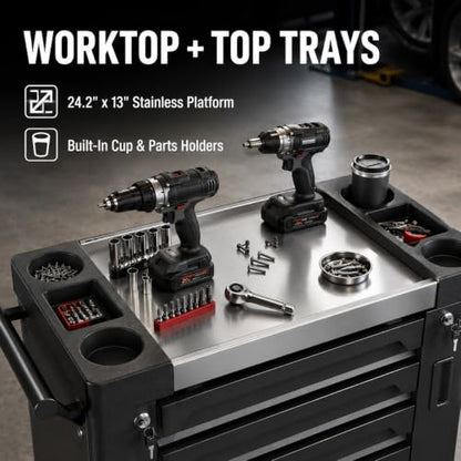 7-Drawer Rolling Tool Chest, Tool Box Lockable Metal Tool Cabinet with Side Storage Cabinet, Ball Bearing Slides Steel Organizer,Heavy-Duty Powder-Coated Tool Cart for Garage Workshope, Black