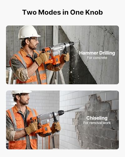 VEVOR Rotary Hammer Drill, 1-1/8 in SDS-Plus Electric Corded Heavy Duty Rotary Hammer, Including 3 Drill Bits, Flat Chisel, Pointed Chisel, Grease, Brush, and Carrying Case, for Concrete and Masonry - size: 1-1/8 in