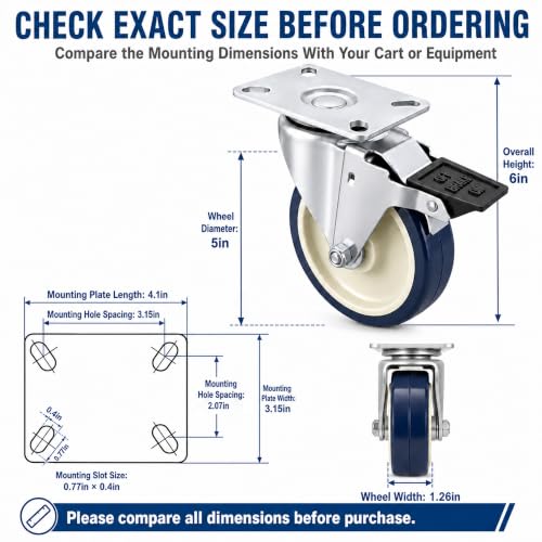 5 Inch Caster Wheels Set of 4 Heavy Duty 2600 LBS