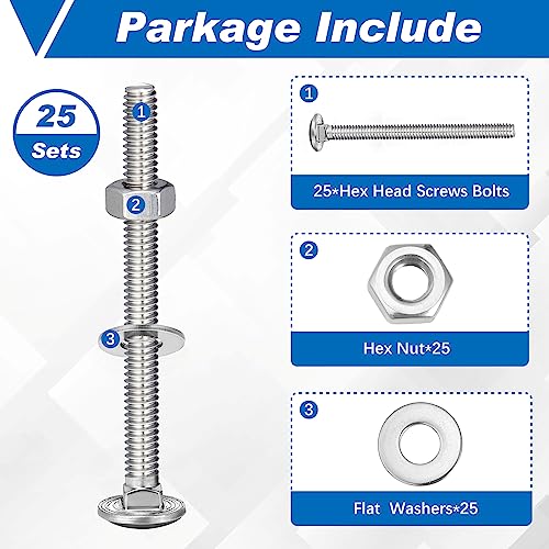 Zonon 25 Sets 1/4-20 x 3 Carriage Bolts and Nuts Kit,Silver - color: Silver, size: 1/4-20 x 3"