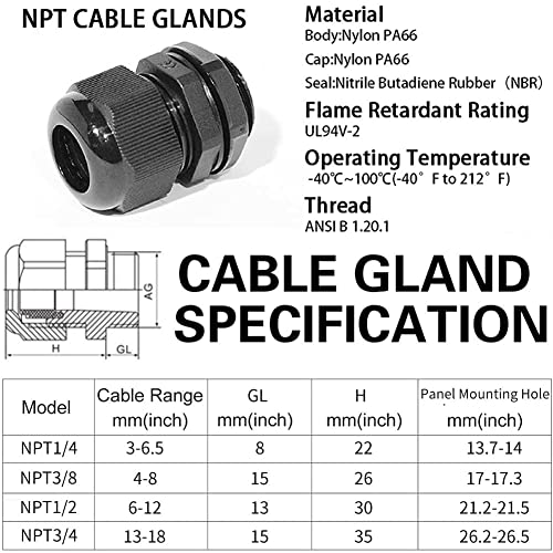 PENGLIN Cable Glands 3/8" NPT Nylon Cable Connector 20PCS - color: Black, size: 3/8 Inch (20-Pack)