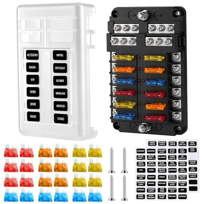 GaRhomxy 12 Way Fuse Block, 12V Marine Fuse Block with LED Warning Indicator, Waterproof Boat Fuse Panel & Power Distribution Block, 12-24V DC Fuse Box for Car Boat Marine RV Truck Van ATO/ATC - size: 12 Way
