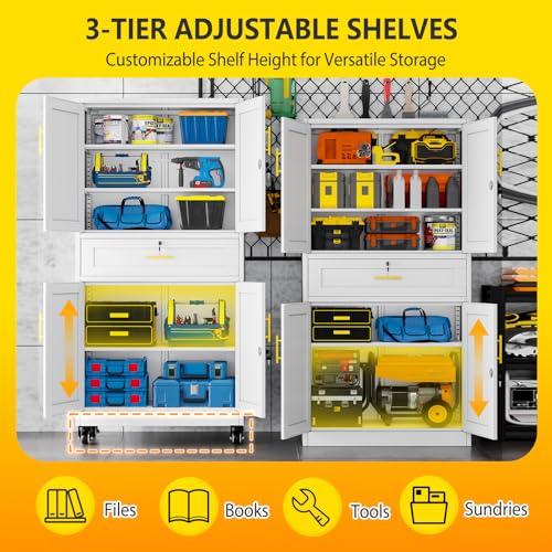 pozdeg 74" White Lockable Rolling Metal Garage Storage Cabinet - color: White, size: 15.74"D x 35.43"W x 74"H