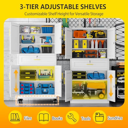 pozdeg 74" White Lockable Rolling Metal Garage Storage Cabinet - color: White, size: 15.74"D x 35.43"W x 74"H