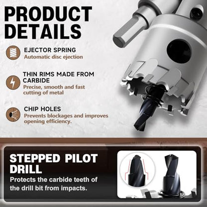 Metal Hole Saw 2''(51mm) 2Pcs Set Heavy Duty Tungsten Carbide Tipped Hole Cutters Set with a nitrided Step Drill and L-flench, for Steel Iron,Aluminum,Stainless stell,Plastic - size: 2''(51mm)-2PCS