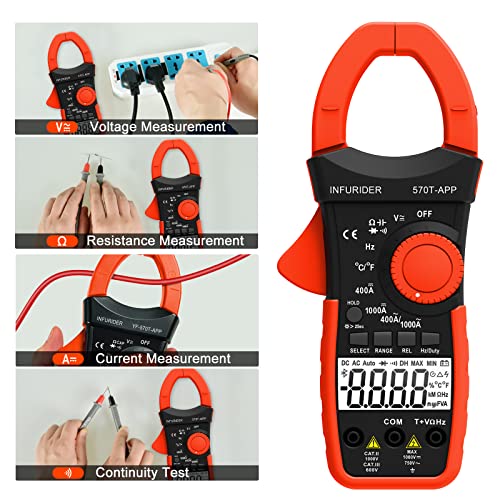 Digital Clamp Meter, Multimeter TRMS 4000 Counts 1000A AC/DC Current Amp Clamp Auto Range Volt Meter, Wireless Bluetooth Multimeter Measures Voltage, Capacitance, Ohm, Hz and Temperature