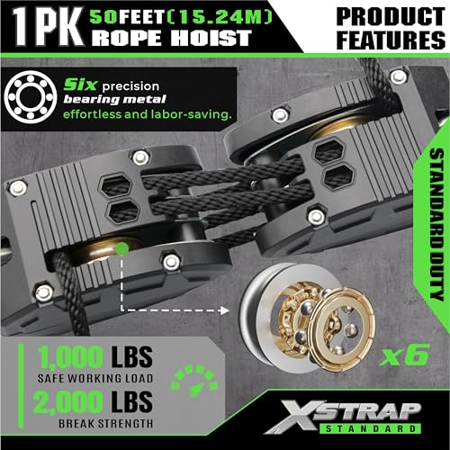 XSTRAP STANDARD Heavy-Duty 50 FT Rope Hoist Pulley System w/Metal Bearing - color: 50ft Black Upgraded