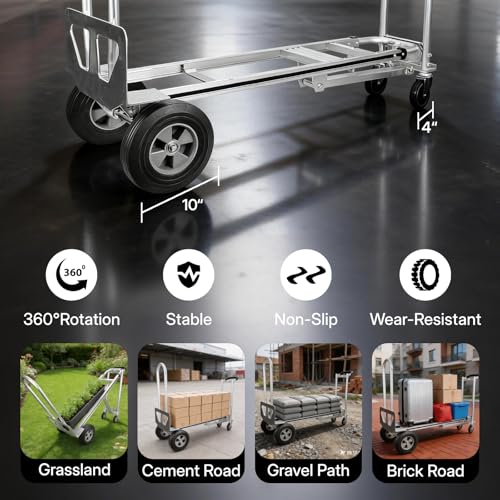 NORTHSKY 3-in-1 Convertible Hand Truck & Platform Cart, 770 lbs Heavy Duty Aluminum Dolly with 10" Solid Rubber Wheels&Folding Nose Extension – Ergonomic Anti-Slip Handle for Transporting & Moving