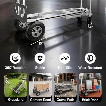 NORTHSKY 3-in-1 Convertible Hand Truck & Platform Cart, 770 lbs Heavy Duty Aluminum Dolly with 10" Solid Rubber Wheels&Folding Nose Extension – Ergonomic Anti-Slip Handle for Transporting & Moving