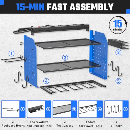 Power Tool Organizer Wall Mount 3 Layer Charging Station with 6 Outlets - color: Blue