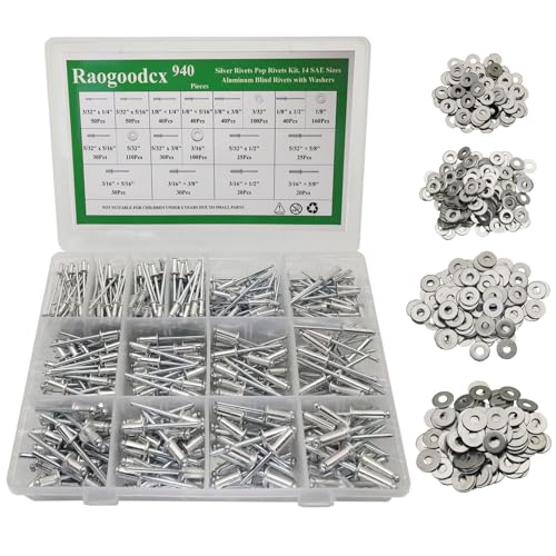 940Pcs 14 sizes Silver Pop Rivets with Washer 3/32" 1/8" 5/32" 3/16" blind rivets for metal Dome Head - color: Silver