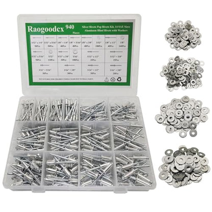 940Pcs 14 sizes Silver Pop Rivets with Washer 3/32" 1/8" 5/32" 3/16" blind rivets for metal Dome Head - color: Silver