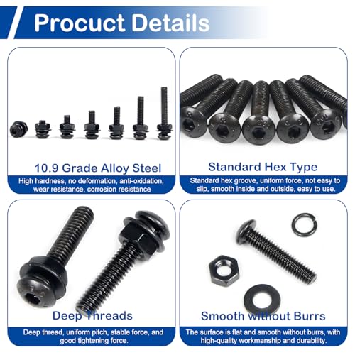 390 Pieces M4 Button Head Socket Cap Screws Nuts Washers Set Black - size: M4 x 5-20mm Kit