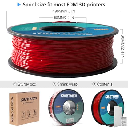 GIANTARM 95A TPU 3D Printer Filament 1.75mm, 1kg Spool, Red, +/- 0.03mm - color: Tpu-red