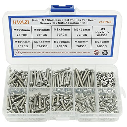 240PCS Metric M3 304 SS Phillips Pan Head Machine Screws & Nuts Kit - size: M3