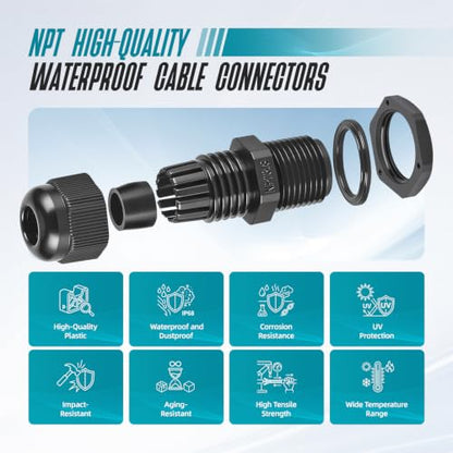 6 Pcs 3/4" NPT Cable Glands Waterproof Strain Relief Connector - color: 6 Pcs 3/4" NPT