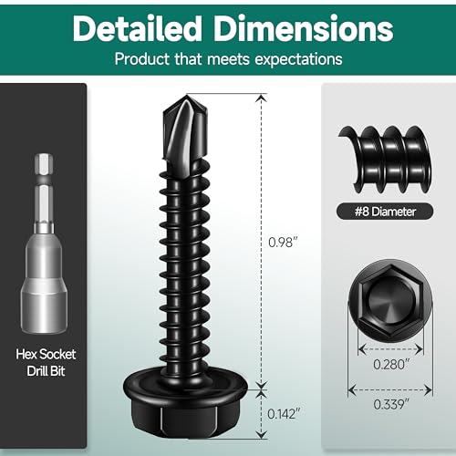 100Pcs #8 x 1 Sheet Metal Screws, 410 Stainless Steel Self Drilling Hex Head Black Self Tapping Screws for Metal with Drill Bit - color: Black, size: #8 x 1"