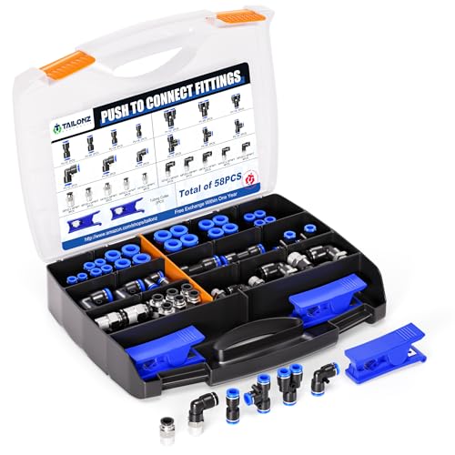 TAILONZ PNEUMATIC 1/4"3/8"1/2"1/8" Blue Push to Connect Fittings Air Hose Fittings,Threaded Connection Kits, Suitable for Nylon Tube PU Tube Air Tube and Other Connection Kits（Pack of 58） - color: Blue, size: 1/4"3/8"1/2"1/8"OD/58PCS