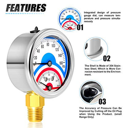 MEANLIN MEASURE 2PCS 0-160Psi Stainless Steel Thermal Pressure Gauge 30-250℉ 1/4" NPT 2.5" FACE DIAL Liquid Filled Pressure Gauge, with 1/2" NPT and 3/8" NPT Hex Bushing, Lower Mount - size: Lower Mount, style: Liquid Filled/2PCS