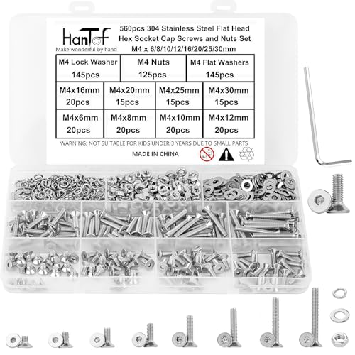 560 Pcs Metric M4 Flat Head Hex Socket Cap Screws Assortment Kit, M4x 6/8/10/12/16/20/25/30 Internal Hex Drive Allen Bolts Nuts and Washers Set, 304 Stainless Steel, Fully Threaded, Pitch: 0.7mm