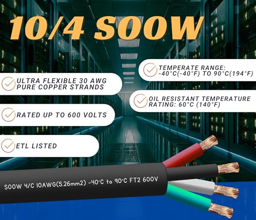 10/4 30 Feet 10 AWG SOOW SO Cable Cord Wire - 10 Gauge 4 Conductor 600V Portable Power Extension Cord Cable for, Motor Leads, Portable Lights, and Battery Chargers - style: 30