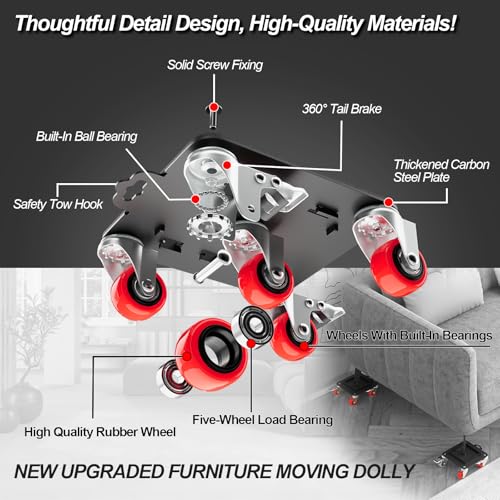 MYUEA Furniture Dolly 5 Wheels Heavy Duty with Removable Side Guards,3307 Lbs Capacity,360° Rotating Wheels & Tail Brake,Furniture Movers Lifter Tool with Wheels for Appliances,Sofas,Beds,Pianos - color: Red, size: 1.57 in wheels