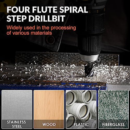 THINKWORK 5Pcs HSS Step Drill Bit, 4 Spiral Flute Unibit for Metal-59 Steps - size: 5 Piece