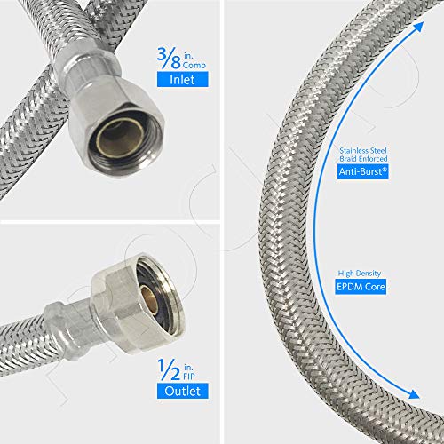 [2-Pack] PROCURU 12-Inch (1Ft) x 3/8" Comp x 1/2" FIP Faucet Hose Connector, Stainless Steel Braided Supply Line, Certified Safe (9SF12-2P) - size: 12 Inch