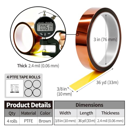 High-Temp Polyimide Tape 3/8" x33Yd, 4Pack, Heat Resistant Tape