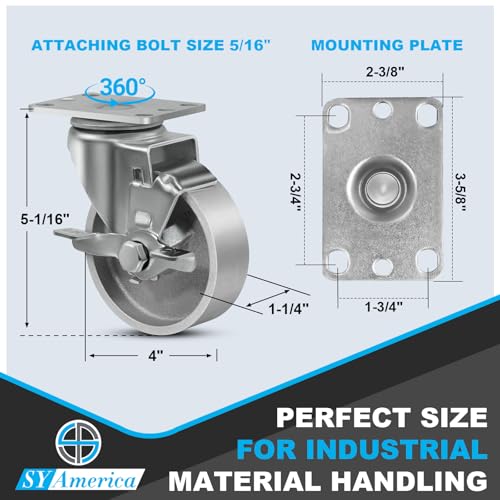SY America 4" Heavy Duty Casters Set of 4,Cast Iron Semi-Steel Caster Wheels,Metal Industrial Casters,1600 LB Capacity-2 Brake & 2 Swivel - style: 4" Wheel