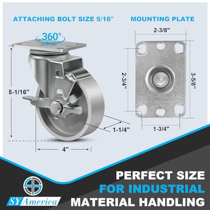 SY America 4" Heavy Duty Casters Set of 4,Cast Iron Semi-Steel Caster Wheels,Metal Industrial Casters,1600 LB Capacity-2 Brake & 2 Swivel - style: 4" Wheel