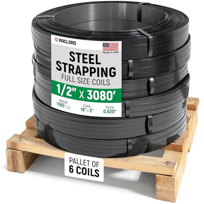 1/2" x 3080' Heavy-Duty Steel Strapping, Pallet of 6 Coils, 0.020" Thick, 1180 Lbs Break Strength, 16" x 3" Core - Pallet Metal Banding - Approved for UPS, Railroad Shipments - size: 6 Coils (Pallet)