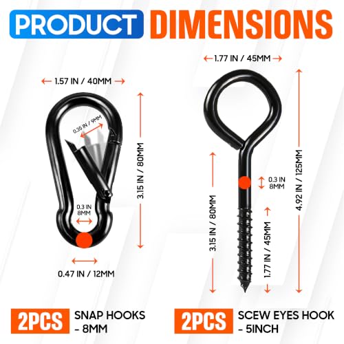 2Pcs 5” Heavy-Duty Screw Eye Hooks+2Pcs M8 Snap Hooks, Eyelet Screw-In Hook