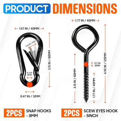 2Pcs 5” Heavy-Duty Screw Eye Hooks+2Pcs M8 Snap Hooks, Eyelet Screw-In Hook