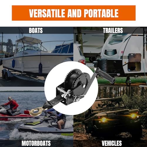 Jack Boss Hand Winch, 2000 lbs Pulling Capacity, Boat Trailer Winch Heavy Duty Rope Crank with 26.3 FT Polyester Strap, Manual Operated Hand Crank Winch for Trailer, Boat or ATV Towing - size: 2000 lbs