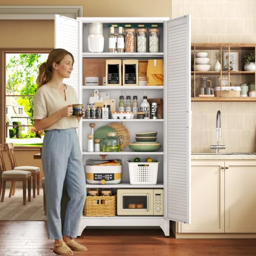 75" Metal Pantry Cabinet,Kitchen Storage Cabinet with Shelves - color: White, size: 75"H-Louvered