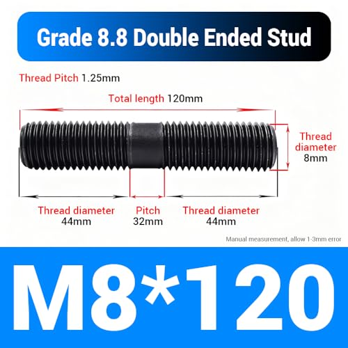 20pcs M8*120mm Double End Threaded Stud, Grade 8.8 Carbon Steel Black Oxide Finish Equal Long Threaded Rod Bar for Furniture Industrial Maintenance Connection Fasteners - size: M8*120-20PCS