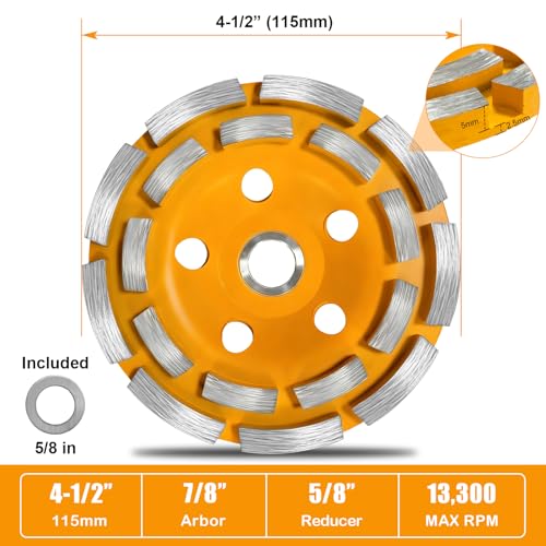 4.5” Double Row Diamond Grinding Cup Wheel, Concrete Grinding Wheel - style: Double Rows