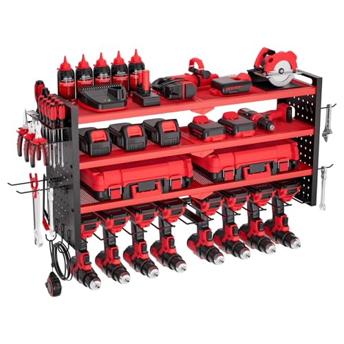 VEVOR Power Tool Organizer Wall Mount, 4-Layer Storage Rack with 8 Drill Holders, Tools Holder and Storage Rack with Side Pegboards, Garage Tool Organizer for Garage, Workbench, and Workshop - size: 4-Layer 8 Drill