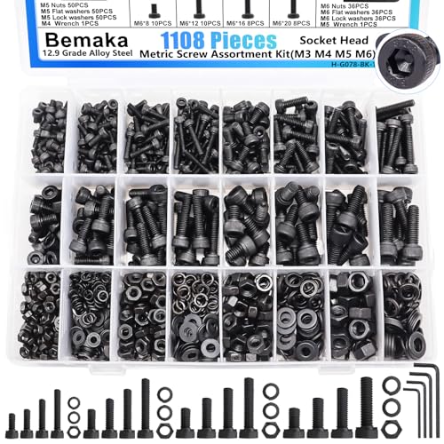 1108PCS Metric Screw Assortment Kit, M3 M4 M5 M6 Metric Bolts and Nuts Kit with with Lock & Flat Washers, 12.9 Grade Alloy Steel Hex Socket Head Cap Screws for 3D Printing - color: BK-M3 M4 M5 M6