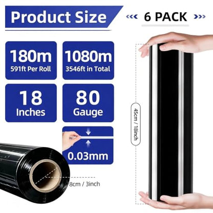 6 Pack Shrink Wrap Roll, 18 inch Wide Total 3546ft Industrial Stretch Film - color: Black