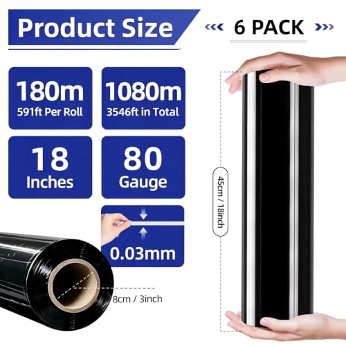 6 Pack Shrink Wrap Roll, 18 inch Wide Total 3546ft Industrial Stretch Film - color: Black