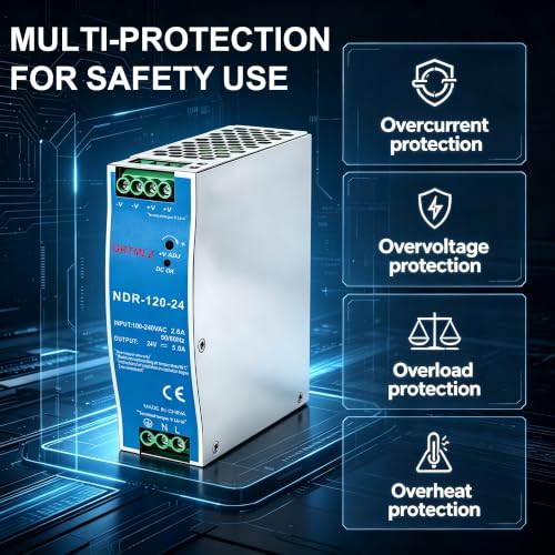 NDR-120-24 24V DC Power Supply NDR 120W 24V 5A DIN Rail Power Supply Switch, AC to DC Switching Converter, 110-240V AC Input to DC 120W 24V 5Amps Output, Industrial DIN Rail Power Supplies