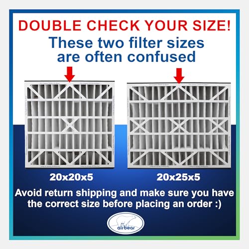 Air Bear 20x25x5 Pleated HVAC Air Filter MERV 8 (2-Pack) (actual size: 19.75" x 24.25" x 4.9" in.) compatible part number 255649-102