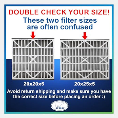 Air Bear 20x25x5 Pleated HVAC Air Filter MERV 8 (2-Pack) (actual size: 19.75" x 24.25" x 4.9" in.) compatible part number 255649-102