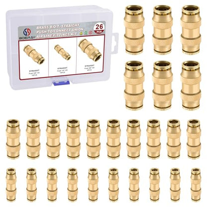 26PCS 1/4" 3/8" 5/8" Brass Dot Air Line Fittings Kit, Straight Union - size: 1/4" + 3/8" + 5/8"
