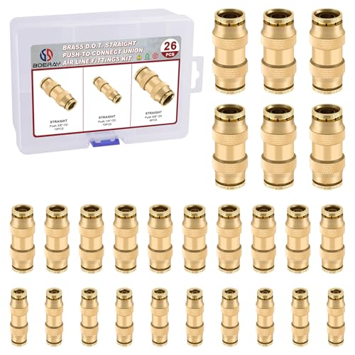 26PCS 1/4" 3/8" 5/8" Brass Dot Air Line Fittings Kit, Straight Union - size: 1/4" + 3/8" + 5/8"